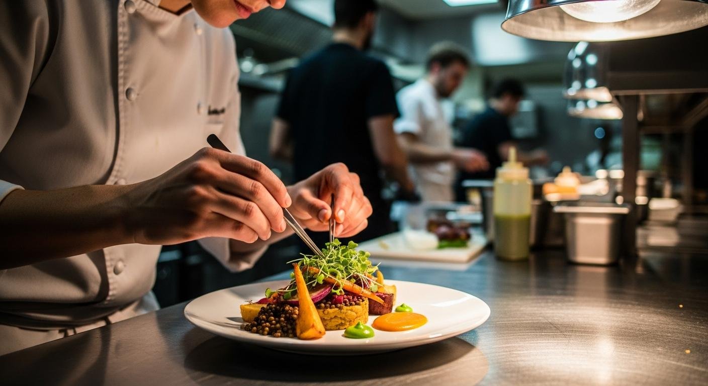 Fresh vegetables, herbs and grains arranged on a rustic table